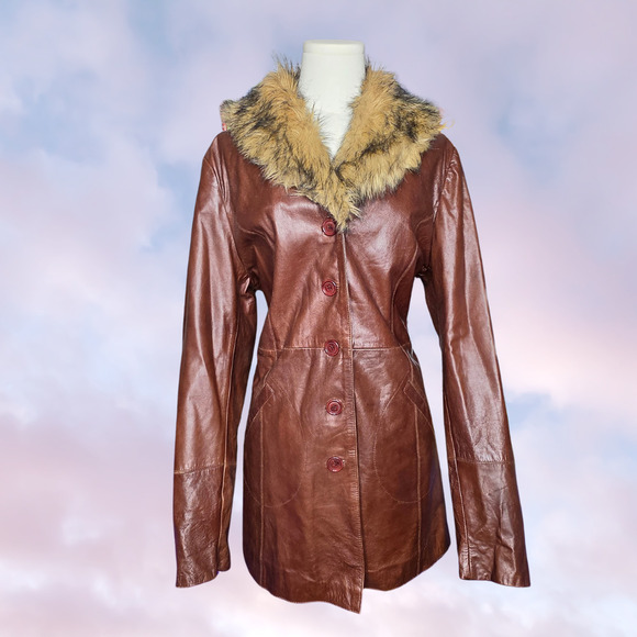 Wilsons Leather Jackets & Blazers - Vtg 90s Wilsons Leather Long Brown Faux Fur Collar Pennylane Trench Coat Sz L